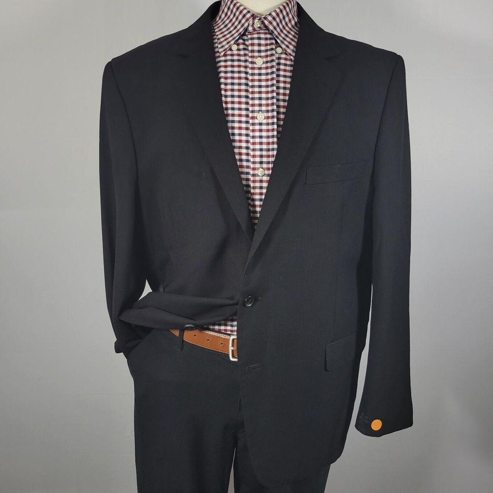 Van Heusen Men's Sport Coat Blazer Two Button Black Herringbone Poly Blend 48R